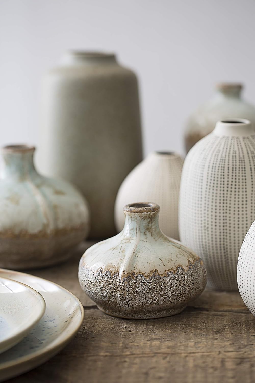 Creative Co-Op White Stoneware Vases with Textured Black Polka Dots (Set of 3 Sizes)