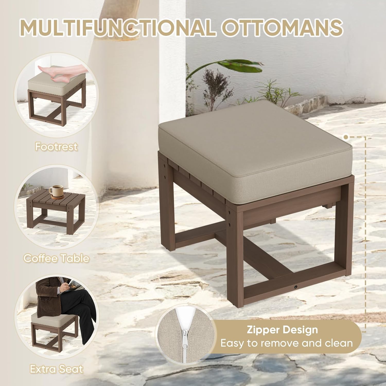 COOS BAY Natural Cedar Outdoor Patio Ottomans with Removable Cushions, Set of 2, Real Wood Footrests for Deck, Porch, Balcony, and Backyard, Brownish/Beige