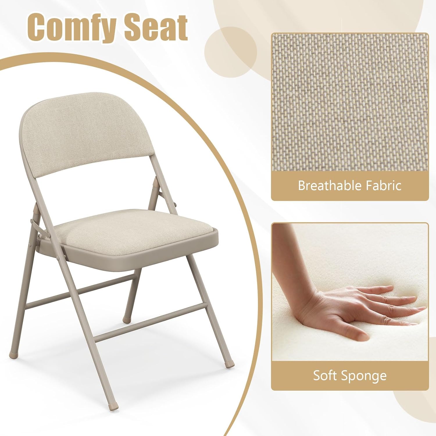 GOFLAME 6 Pack Folding Chairs, Fabric Dining Chair Set with Padded Seat & Metal Frame, Indoor Outdoor Upholstered Commercial Seat for Home Office Events Wedding Party, Beige