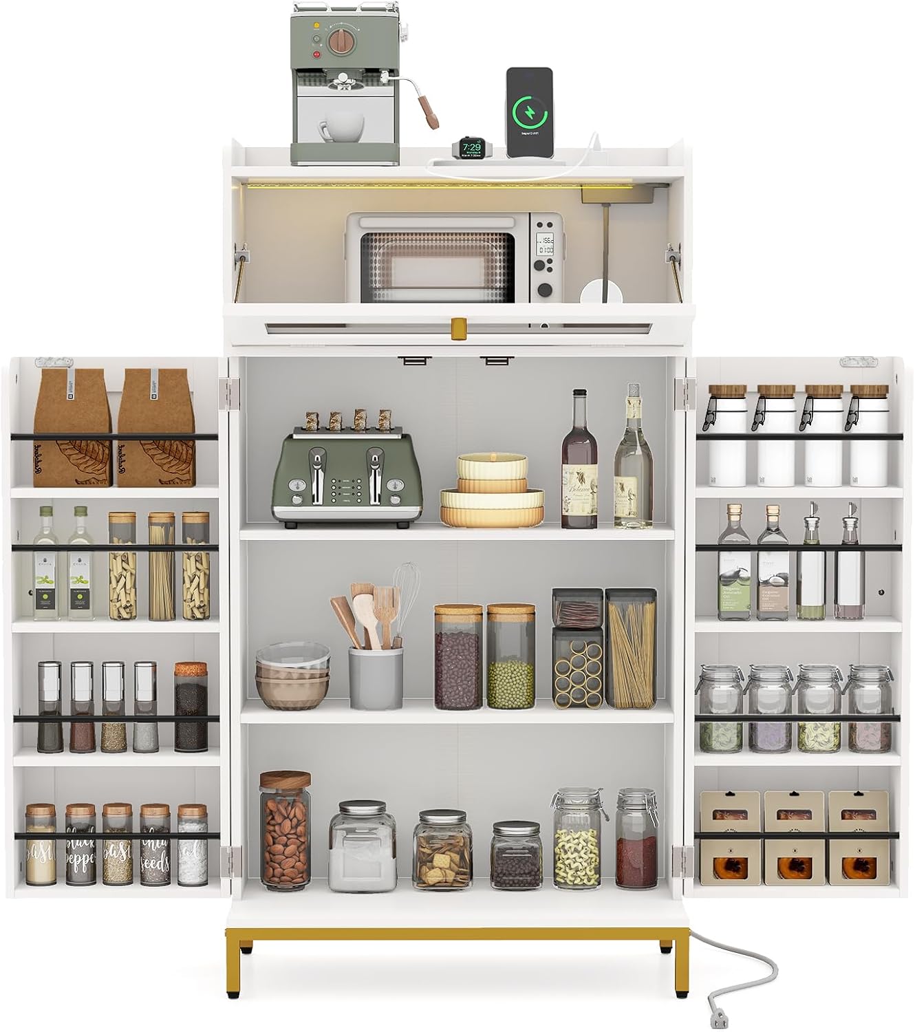 LOKO Kitchen Pantry Cabinet, Freestanding Food Storage Cupboard with Power Outlet & APP Control LED Lights, Modern Buffet Sideboard with Acrylic Flip Door & Shelves for Dining Room, White and Gold