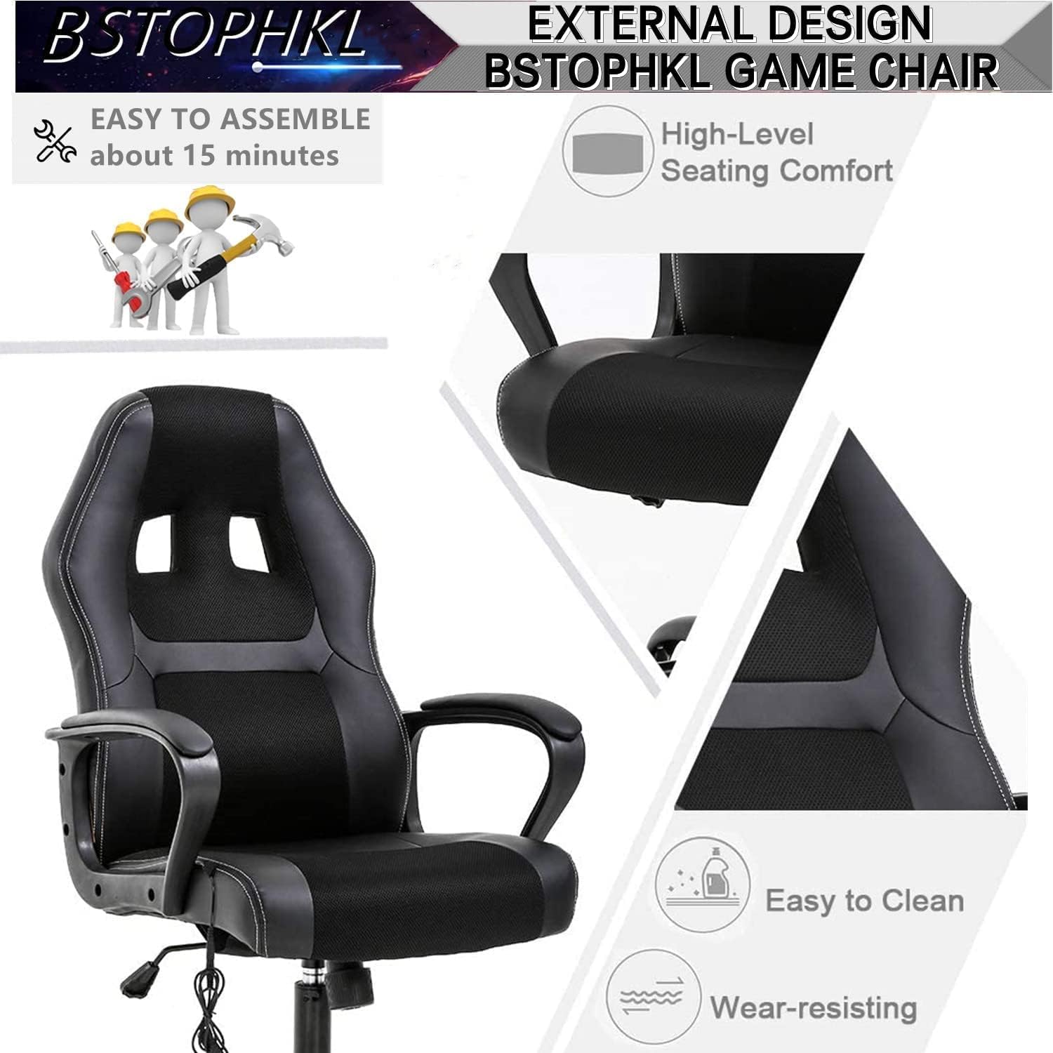 Gaming Chair Ergonomic Office PU Leather Video Game Adjustable Computer With Lumbar Support Armrest Rolling Swivel Task Work PC for Adult Teen, Black