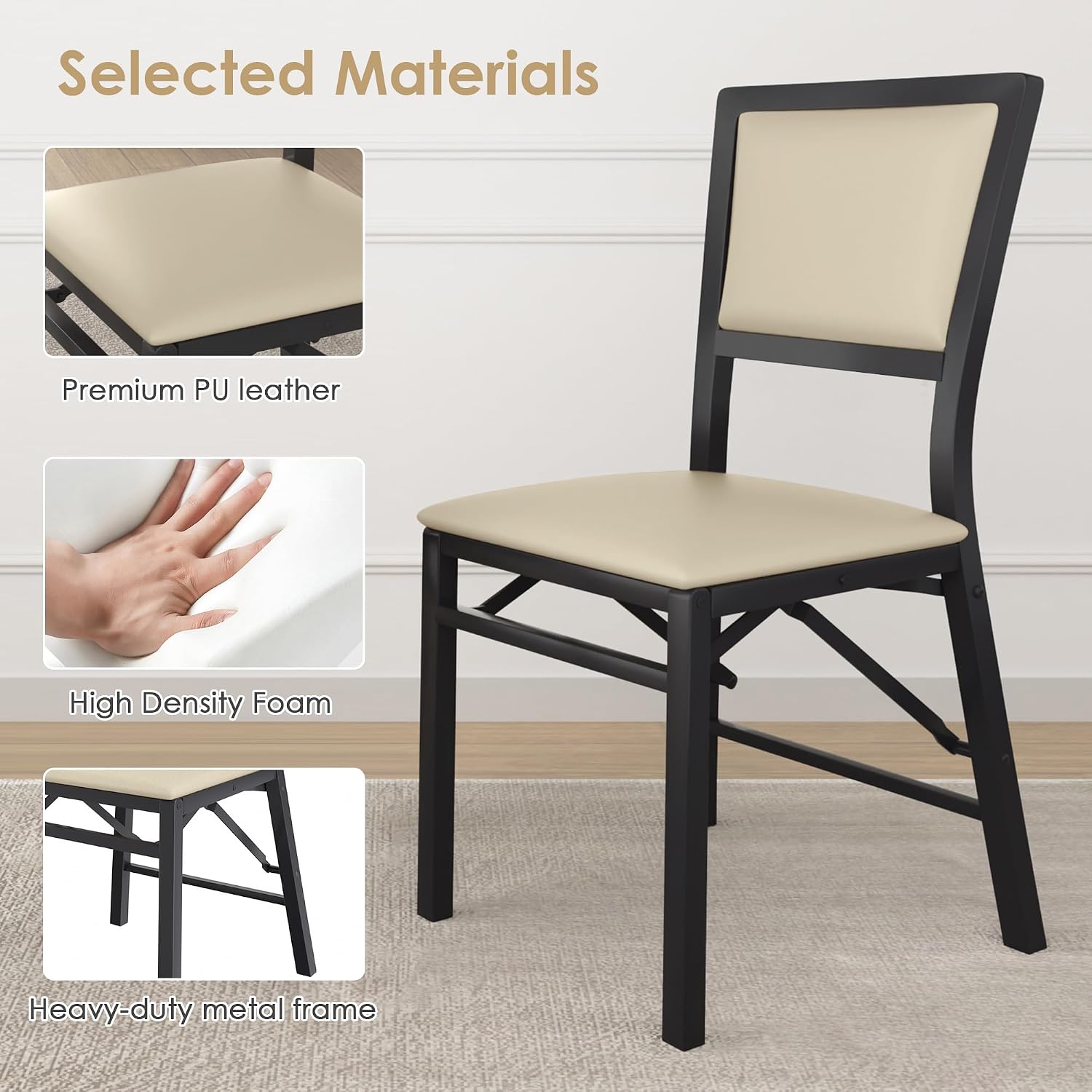 VECELO Folding Dining Chairs Set of 4, Metal Padded Foldable Seating with Comfortable Faux Leather, Space-Saving Portable Guest Seats for Kitchen & Office, No Assembly, Creamy Beige