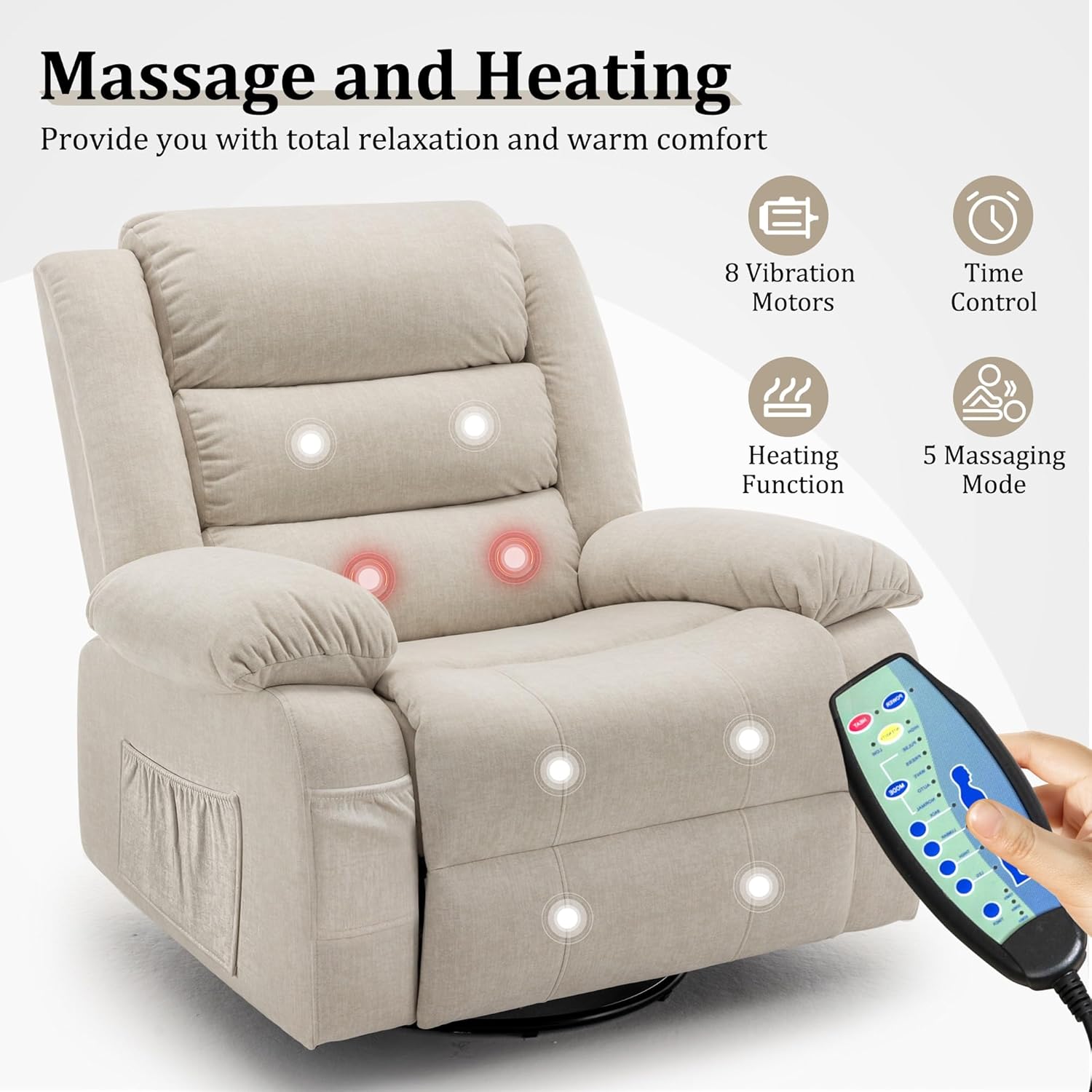 Korser Oversized Recliner Chair, Extra Wide Rocking Chair with Massage and Heat, 360° Swivel Rocker Recliner for Adults, Nursery Chair with Side Pocket, Cashmere Reclining Sofa for Living Room, Beige