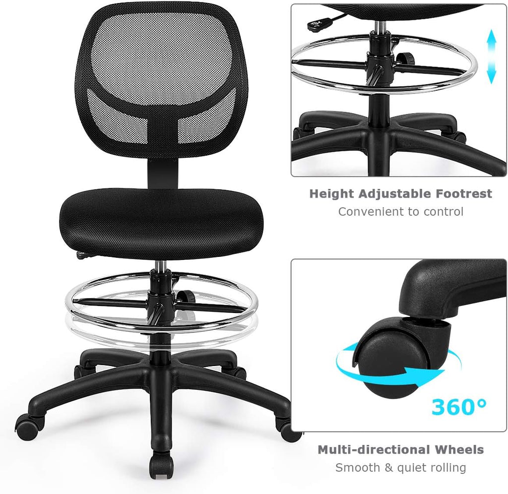 DORTALA Mesh Drafting Chair, St&ing Desk Chair w/Footrest Ring, Adjustable Height Chair Mid Back Tall Office Chair for Home Office, Black