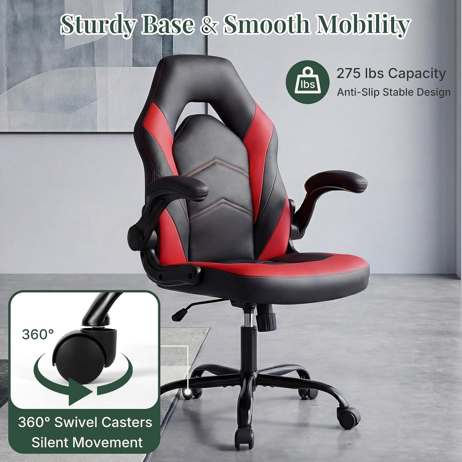Ergonomic Computer Gaming Chair with Flip-up Armrest, Height Adjustable PU Leather Home Office Desk Chair with Lumbar Support Swivel Wheels and for Adults and Kids, Scarlet Red
