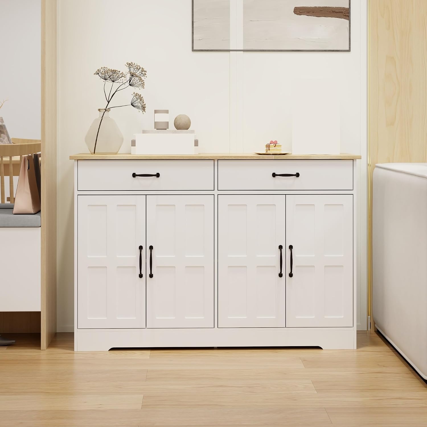 Farmhouse Buffet Cabinet Storage Sideboard, with 2 Drawers and 4 Doors, for Dining Living Room Kitchen,for Kitchen Home