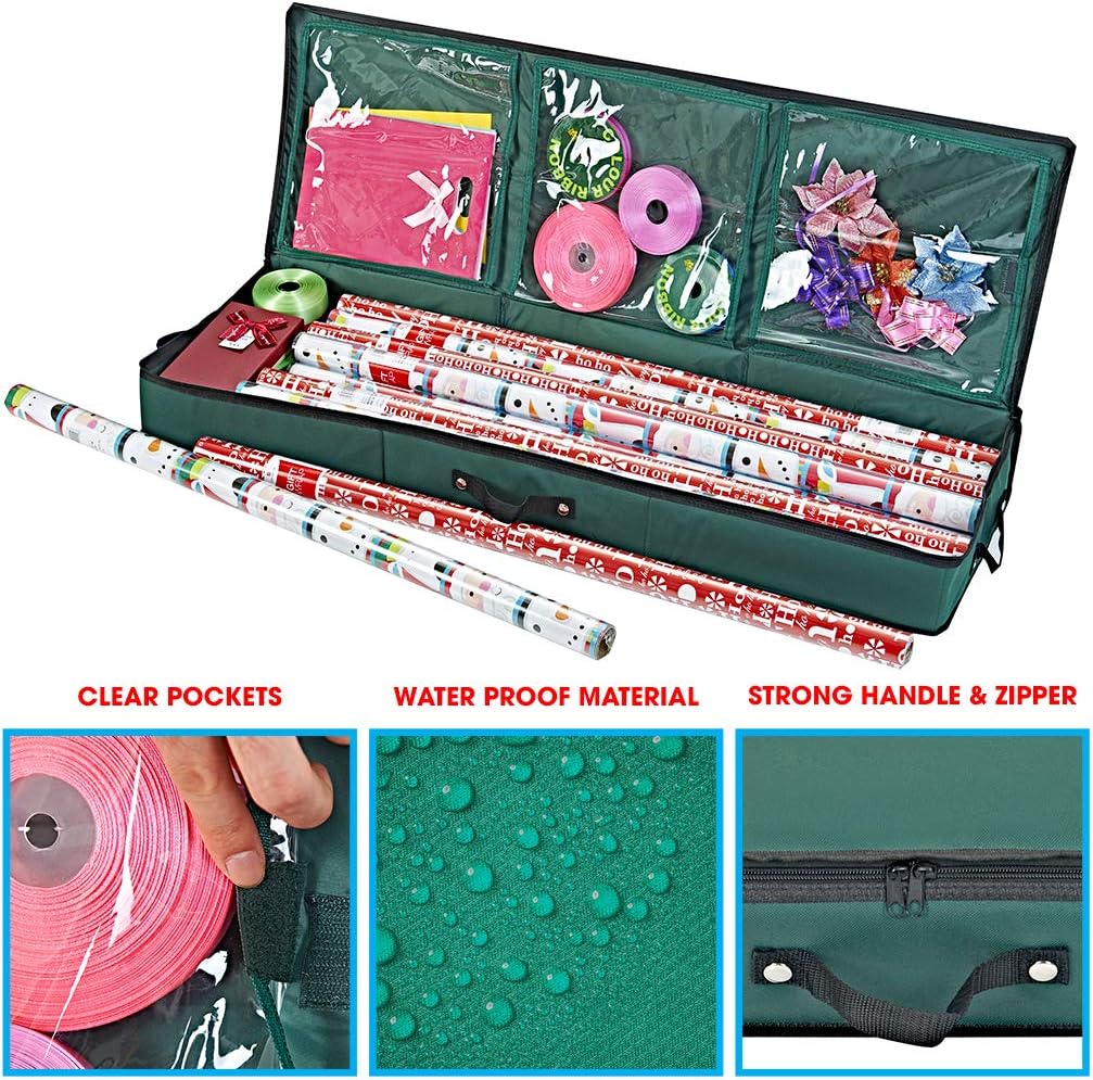 Primode Wrapping Paper Storage Container | Gift Wrap Organizer Under Bed | 41”x14”x6” | Box Holder for 18-24 Rolls Up to 40” | 600D Oxford Material | Pockets for Ribbon, Bows, and Accessories (Green)