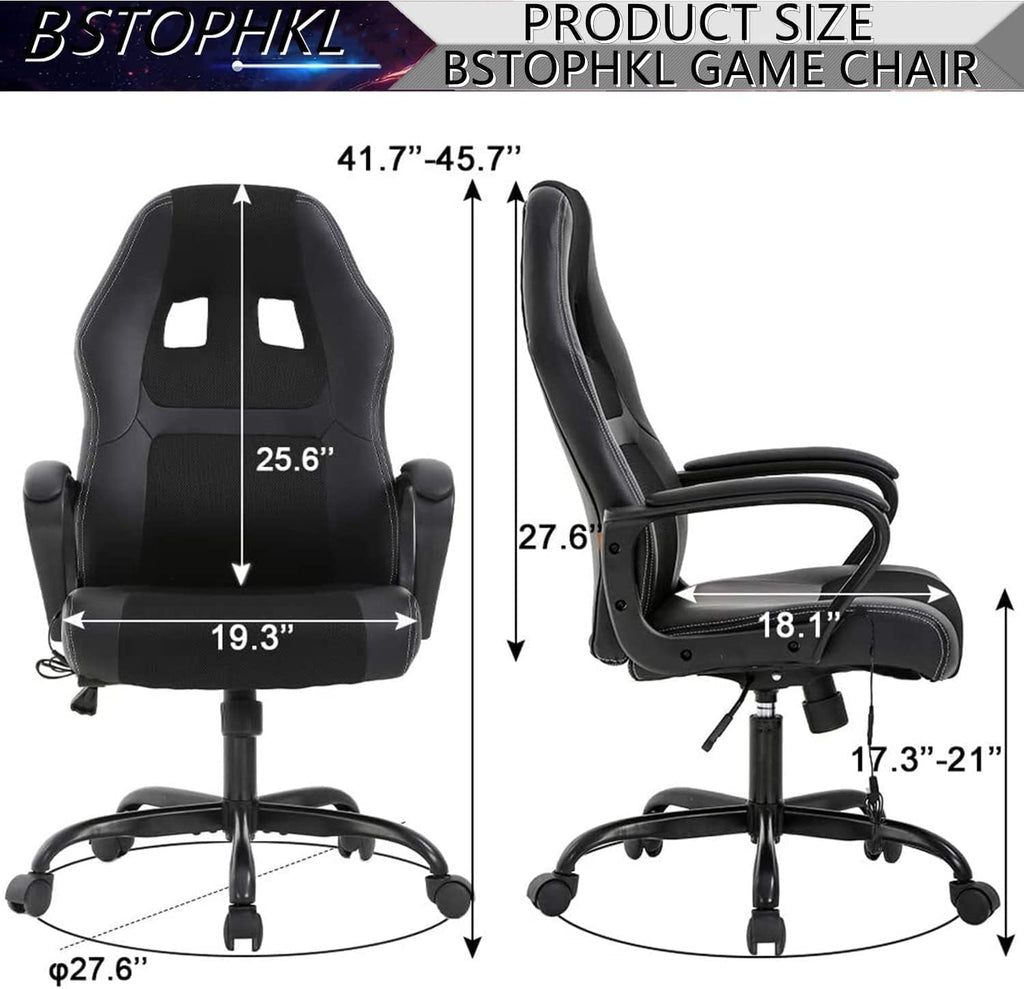 Gaming Chair Ergonomic Office PU Leather Video Game Adjustable Computer With Lumbar Support Armrest Rolling Swivel Task Work PC for Adult Teen, Black