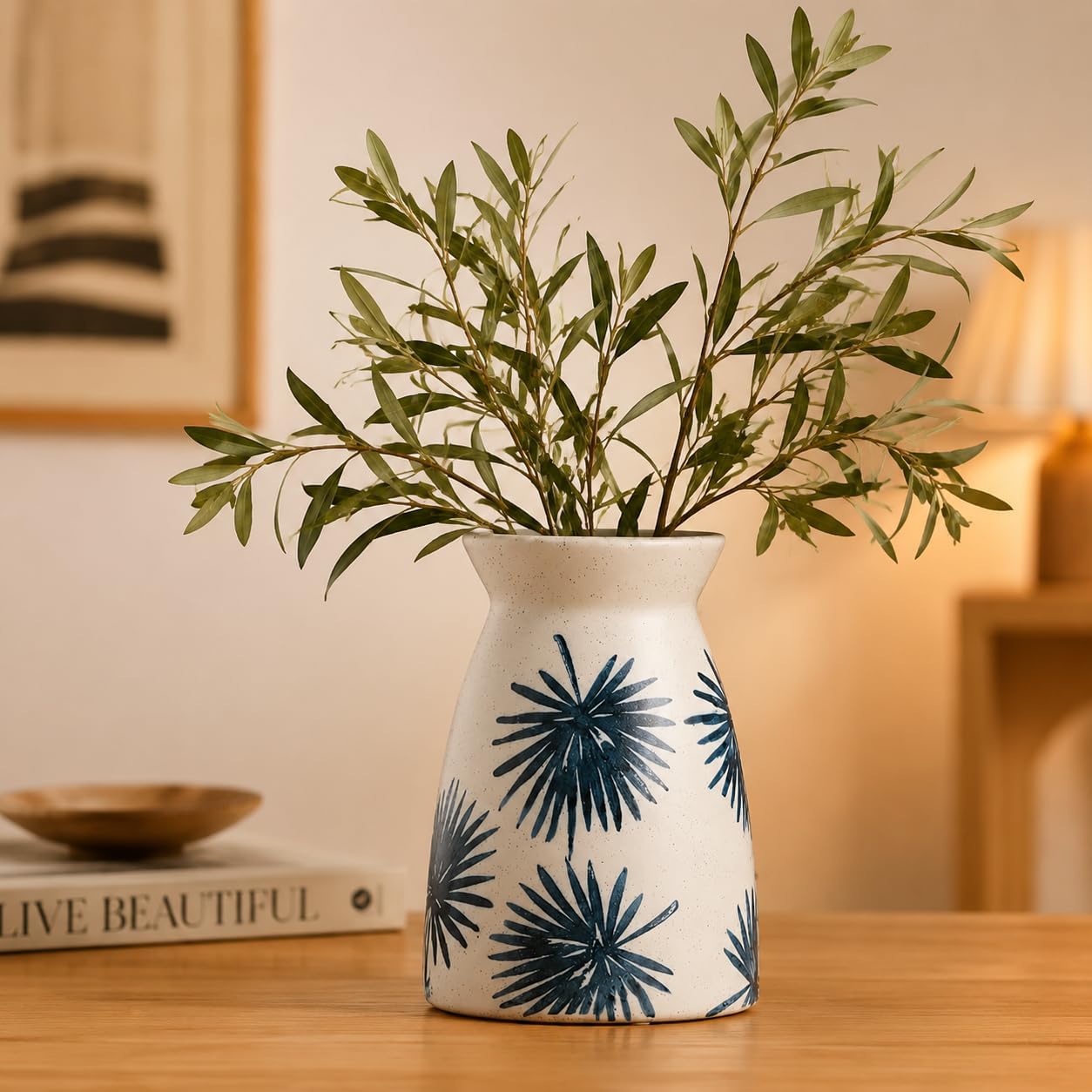 hjn White Flower Vase- Ceramic Vase for Decor, White vase for Flowers, Modern Vases for Living Room/Home Decor Accents/Entryway/Mantel/Bookshel-Teal