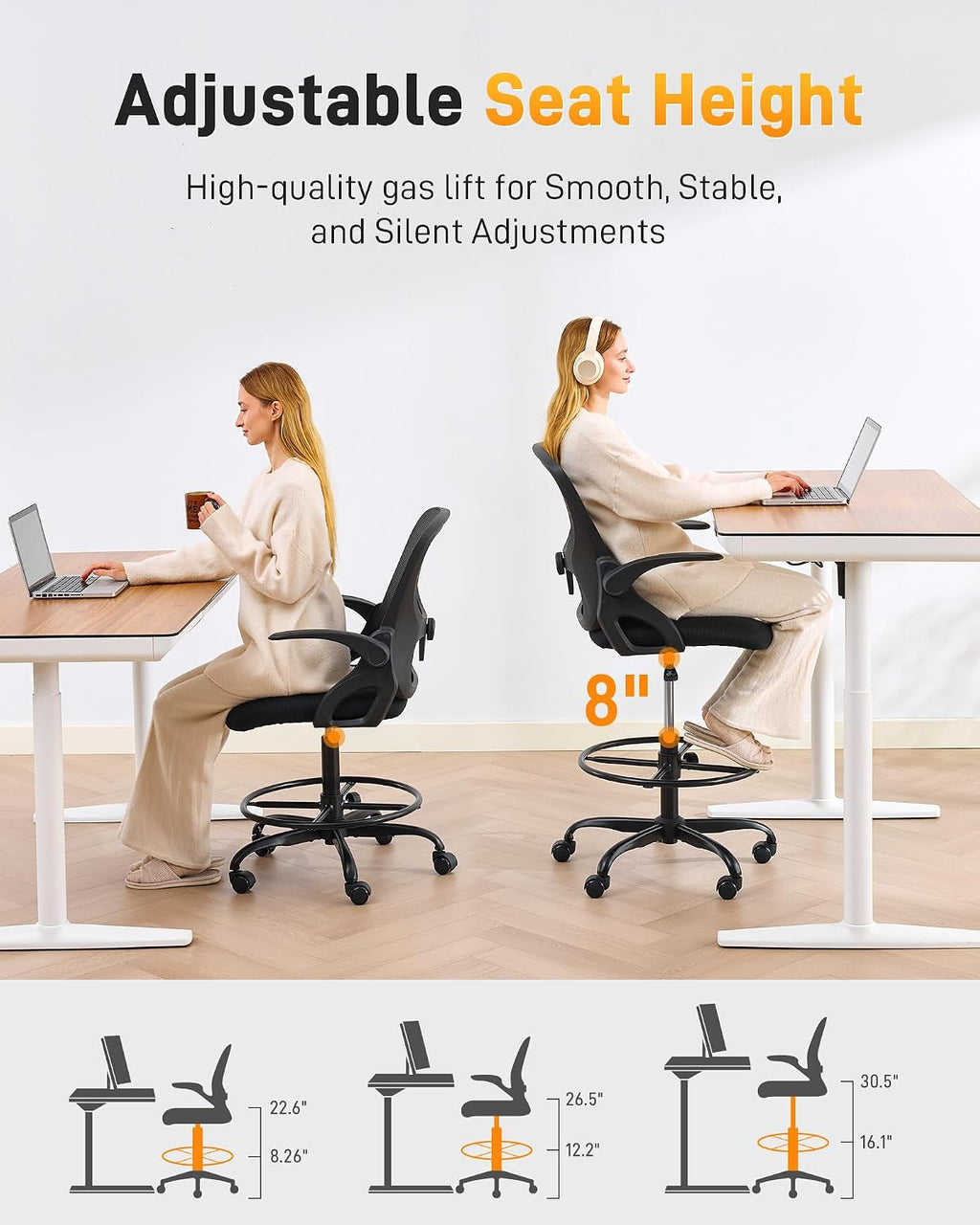 LukkDys Drafting Chair with 4D Multi-Adjustable Backrest, Tall Office Chair 19.7"-27.6" Seat Height, Ergonomic Standing Desk Chair with Flip-up Arms, Foot Ring, Black
