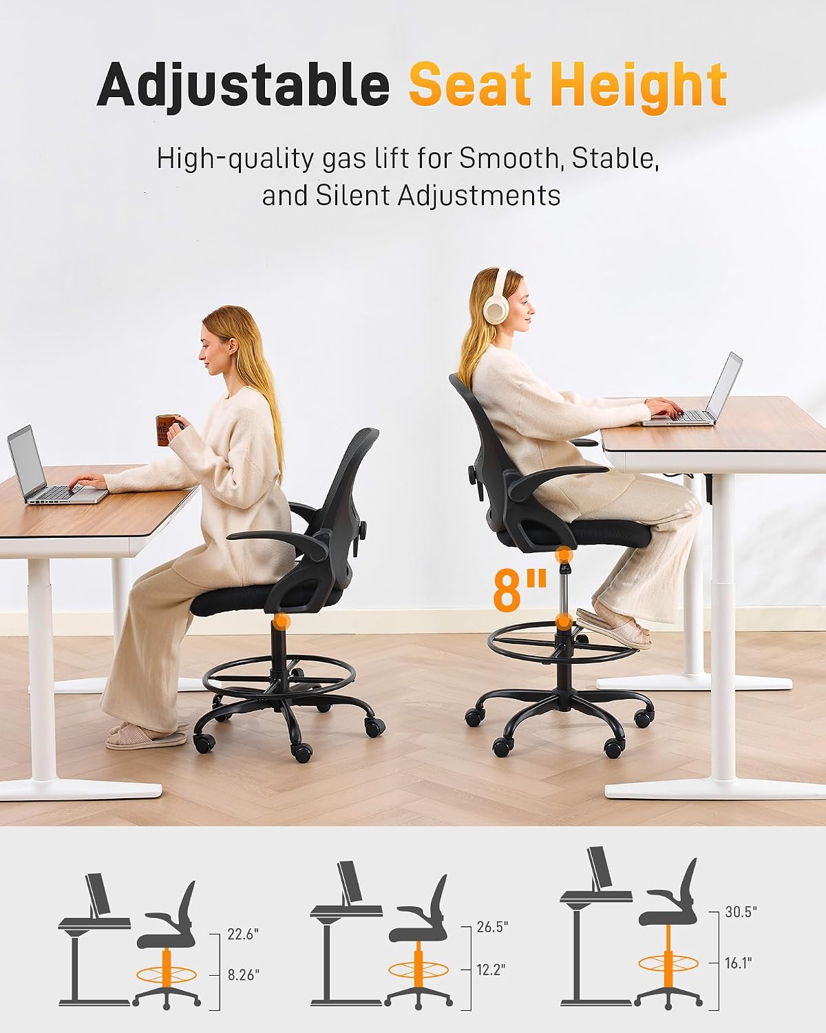 LukkDys Drafting Chair with 4D Multi-Adjustable Backrest, Tall Office Chair 19.7"-27.6" Seat Height, Ergonomic Standing Desk Chair with Flip-up Arms, Foot Ring, Black