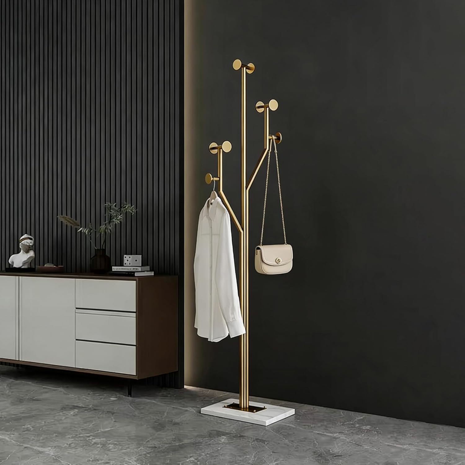 SYO Gold Metal Coat Rack (with Marble Base) — Entryway Standing Coat Stand, Heavy-Duty Vertical Design, Suitable for Entryways, Bedrooms, and Living Rooms