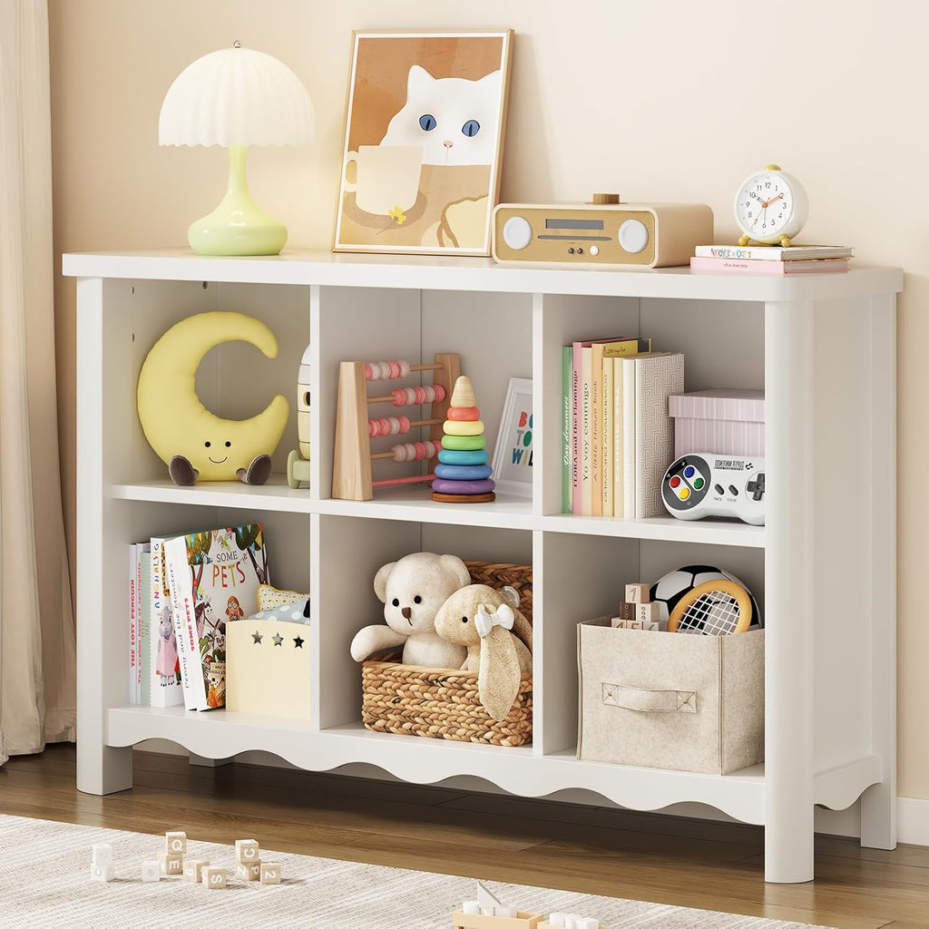 6 Cube Storage Organizer, 28 Inch Kids Low Storage Cabinet, Toddler Toy Storage Bookcase and Bookshelf for Kids Rooms, Playroom, Nursery, Living Room, Rounded Corners & Anti-Tip