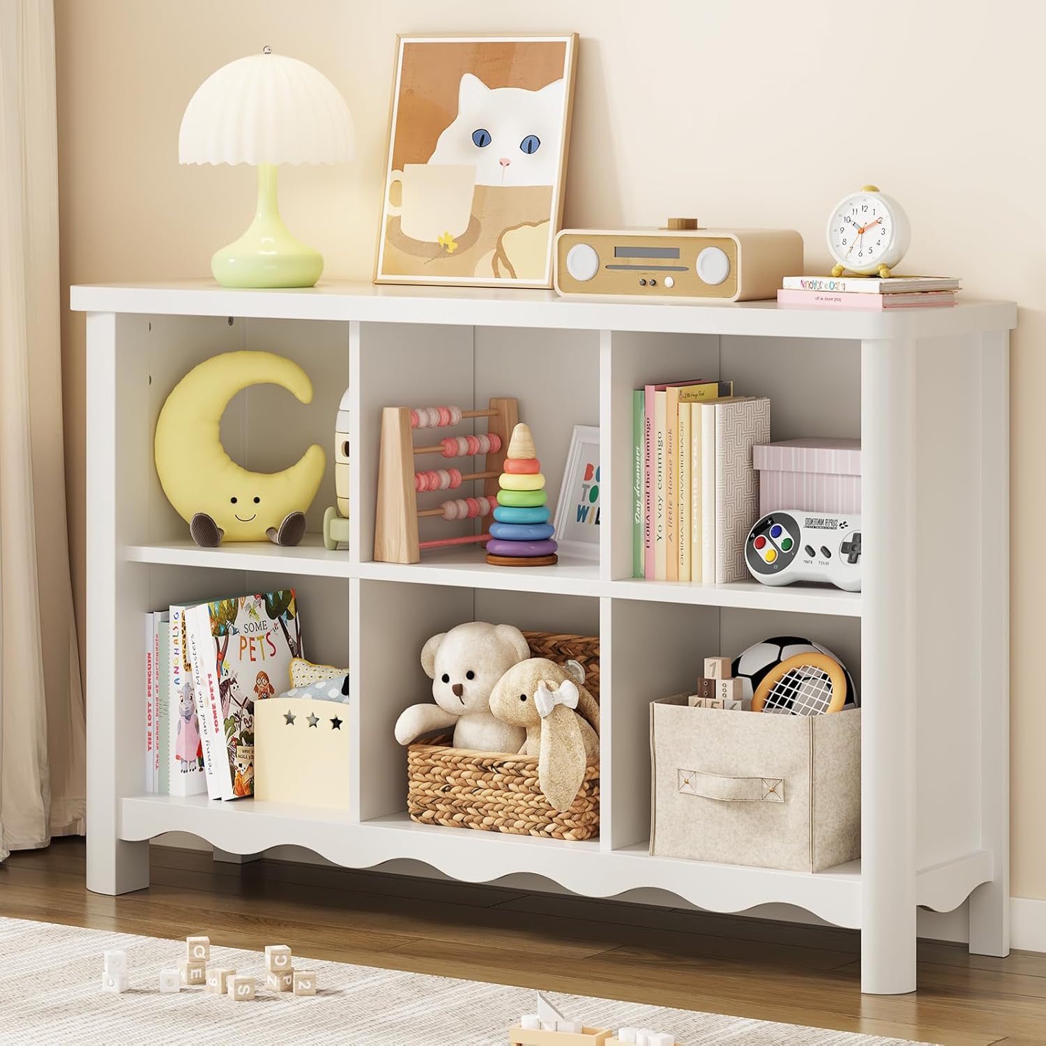 6 Cube Storage Organizer, 28 Inch Kids Low Storage Cabinet, Toddler Toy Storage Bookcase and Bookshelf for Kids Rooms, Playroom, Nursery, Living Room, Rounded Corners & Anti-Tip