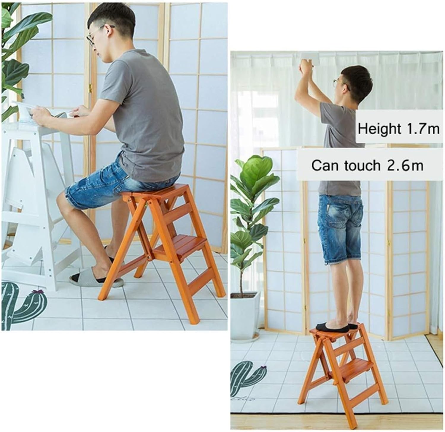 Step Stool 2-Step Black Walnut Wood Folding Stepladder & Step Stool - Lightweight Anti-Slip Pedal Design for Home Kitchen - 150kg Capacity
