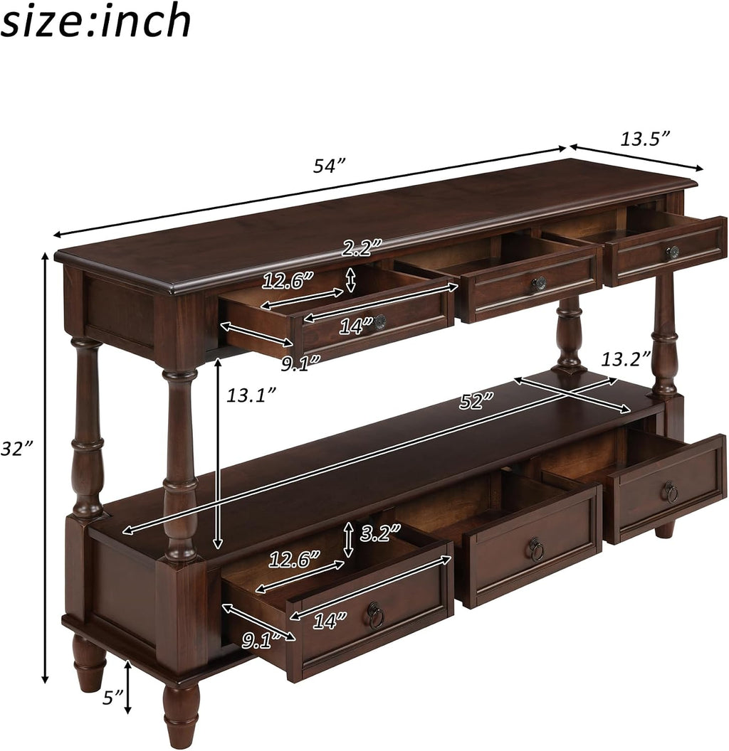 Knocbel Console Table with 6 Storage Drawers and Bottom Shelf, Vintage Sofa Table with Solid Wood Frame and Legs for Entryway Living Room, 54" W x 13.5" D x 32" H, Espresso