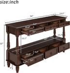 Knocbel Console Table with 6 Storage Drawers and Bottom Shelf, Vintage Sofa Table with Solid Wood Frame and Legs for Entryway Living Room, 54" W x 13.5" D x 32" H, Espresso