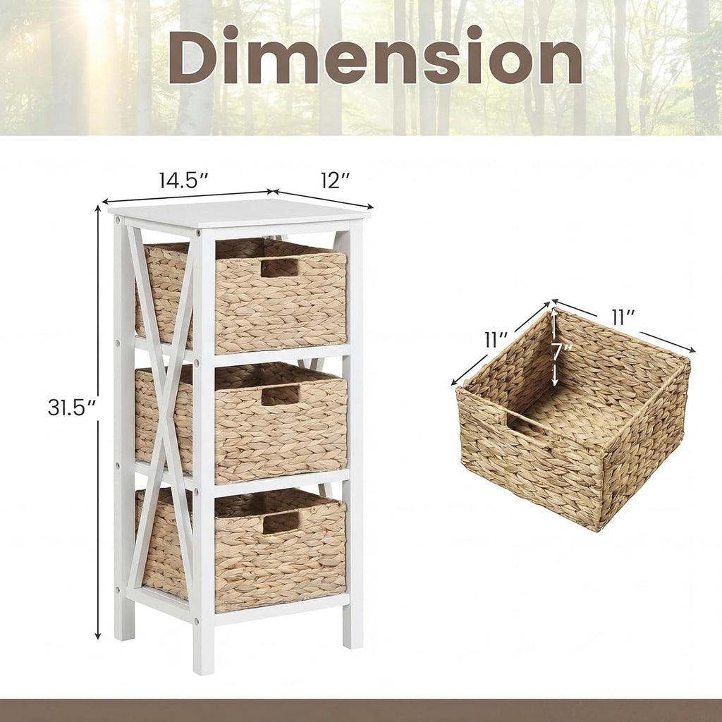 GOFLAME End Table with Wicker Drawers, Sofa Side Table with 3 Baskets, Rubber Wood X-Shaped Frame & Acacia Wood Legs, 3-Tier Wicker Nightstand Bedside for Living Room, Bedroom, White