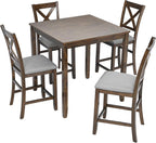 Merax Farmhouse Dining Table Set for 4, Counter Height Kitchen Table Set with Square Table and 4 Upholstered Chairs for Kitchen, Dining Room, Small Space, Walmut