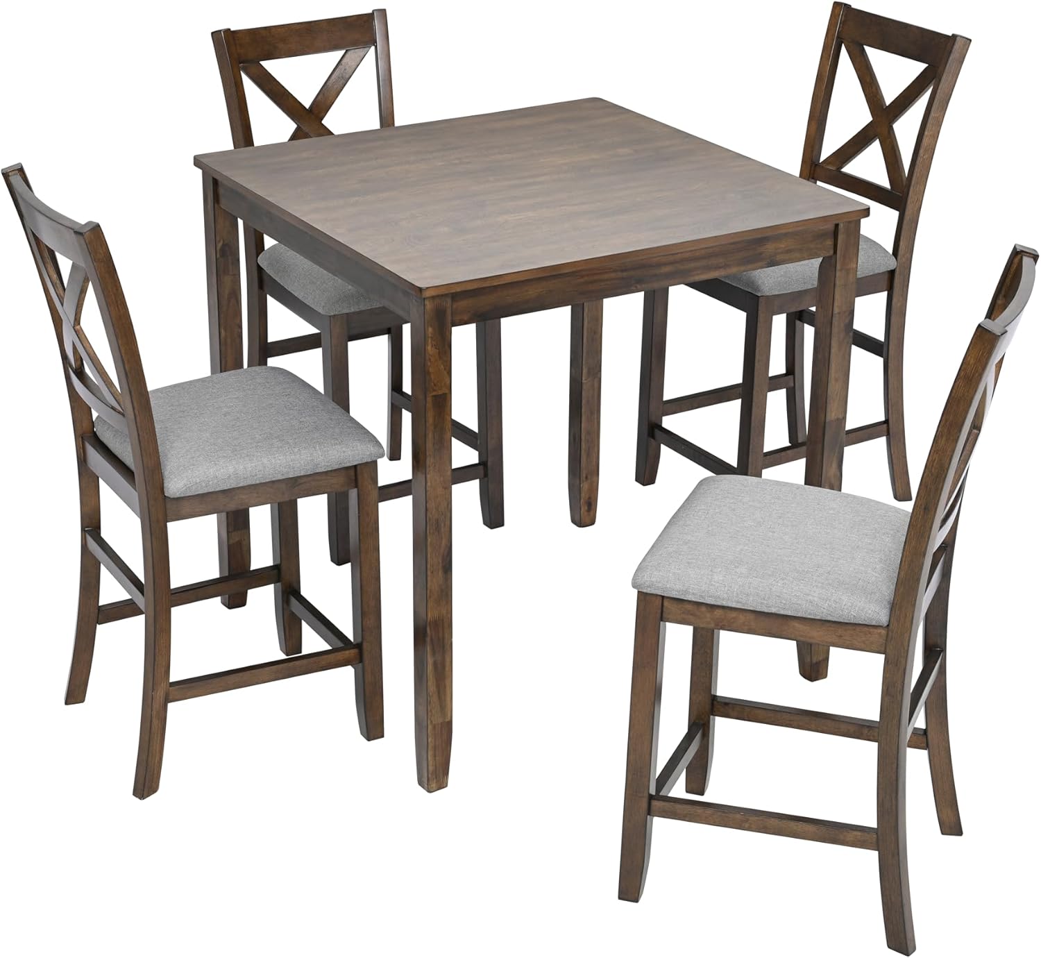 Merax Farmhouse Dining Table Set for 4, Counter Height Kitchen Table Set with Square Table and 4 Upholstered Chairs for Kitchen, Dining Room, Small Space, Walmut