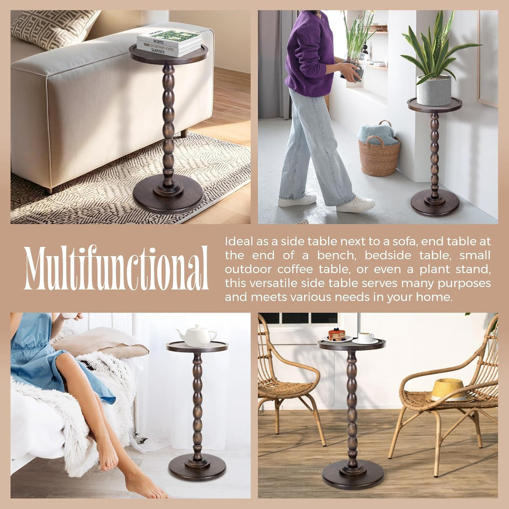 Solid Wood Round Pedestal Side Table with Tray-Top Rim – Bobbin Turned Accent End Table for Living Room, Bedroom – Compact Small Round Drink Table with Stable Base, Nightstand with Table Solid Wood
