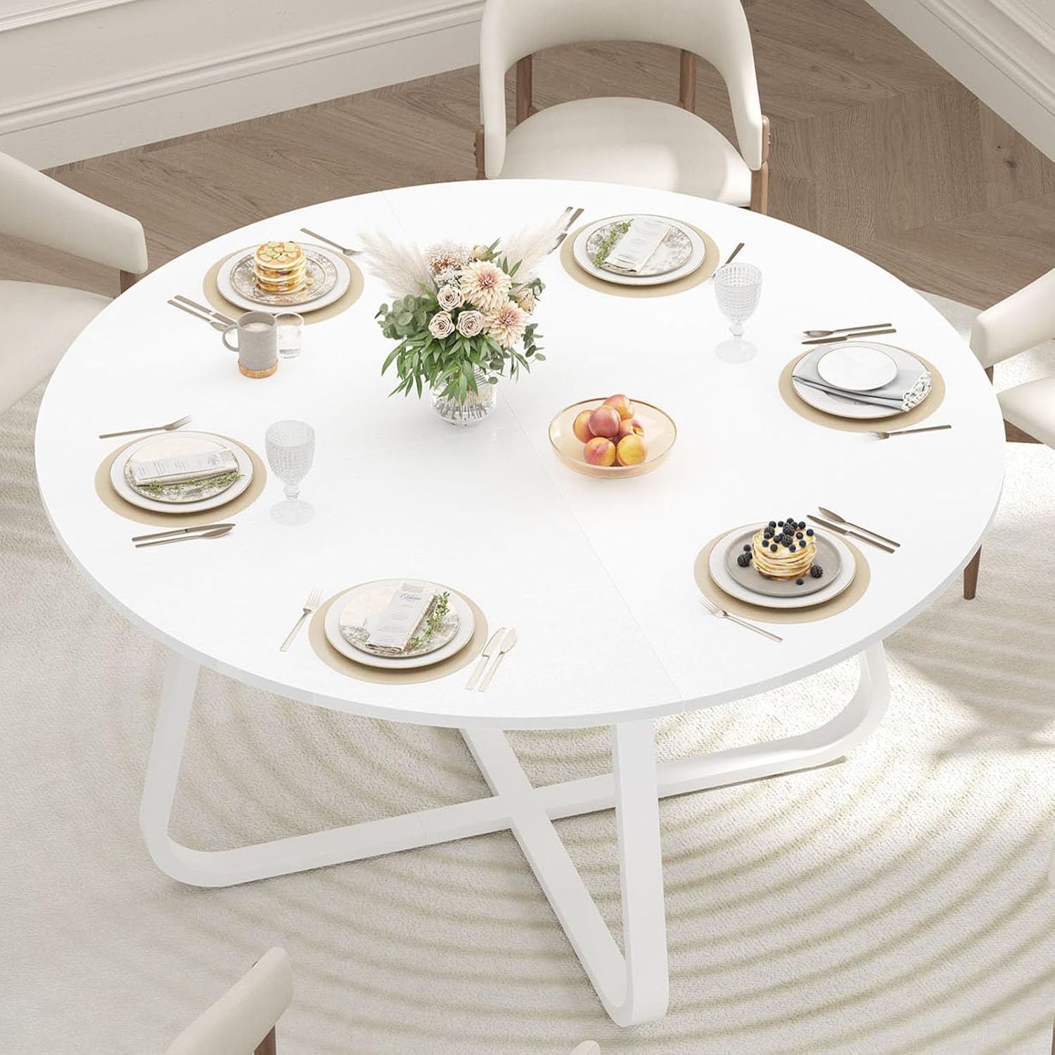 LVB Round Dining Table, Modern Wood Metal Kitchen Table, Industrial Small Dinner Room Tables for 4 to 6 People, Circle Coffee Dining Room Tables for Home Kitchen Living Room,White Oak, 51 Inch