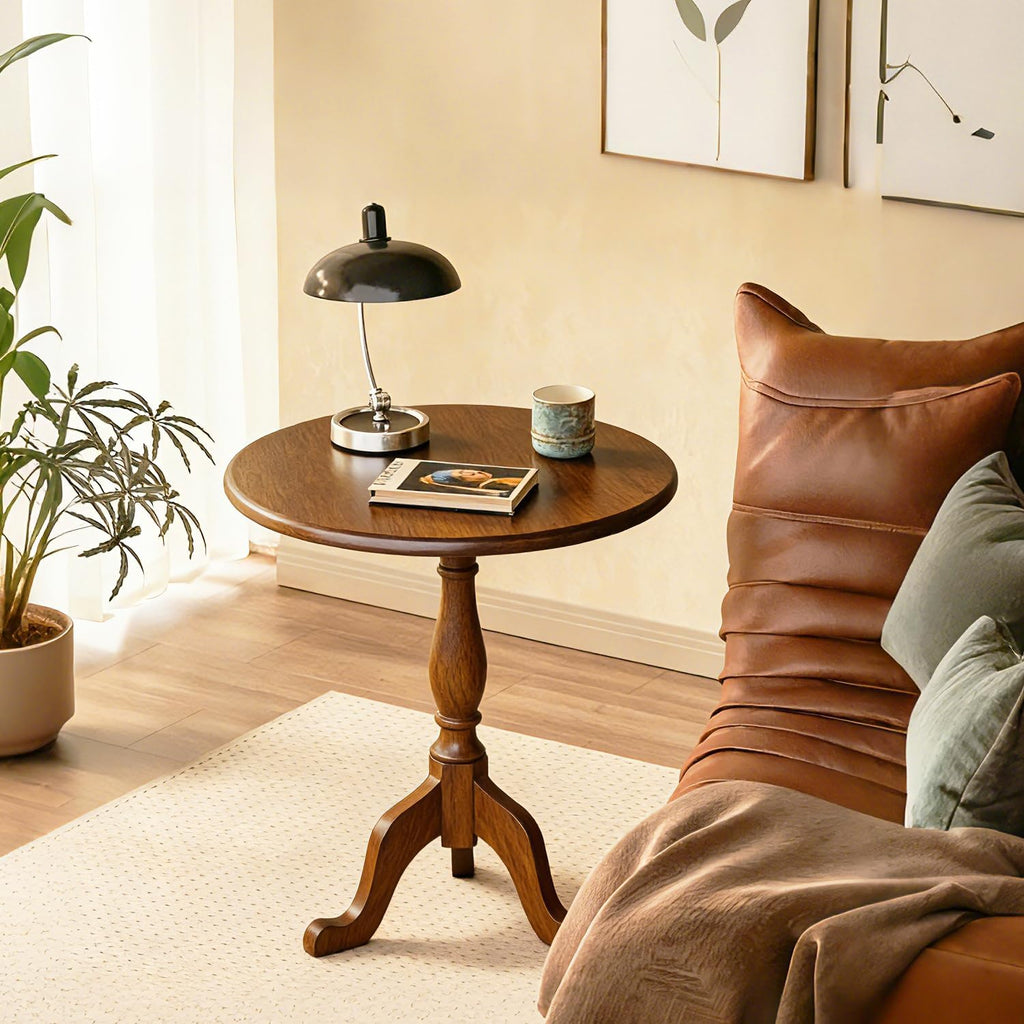 YUNMUARY-Vintage Walnut Solid Wood Pedestal End Table,20 Inches Wide Small Coffee Tables Living Room,Circle Nightstand,Accent Table for Sofa,Bedroom,Corners,and Dining Room.