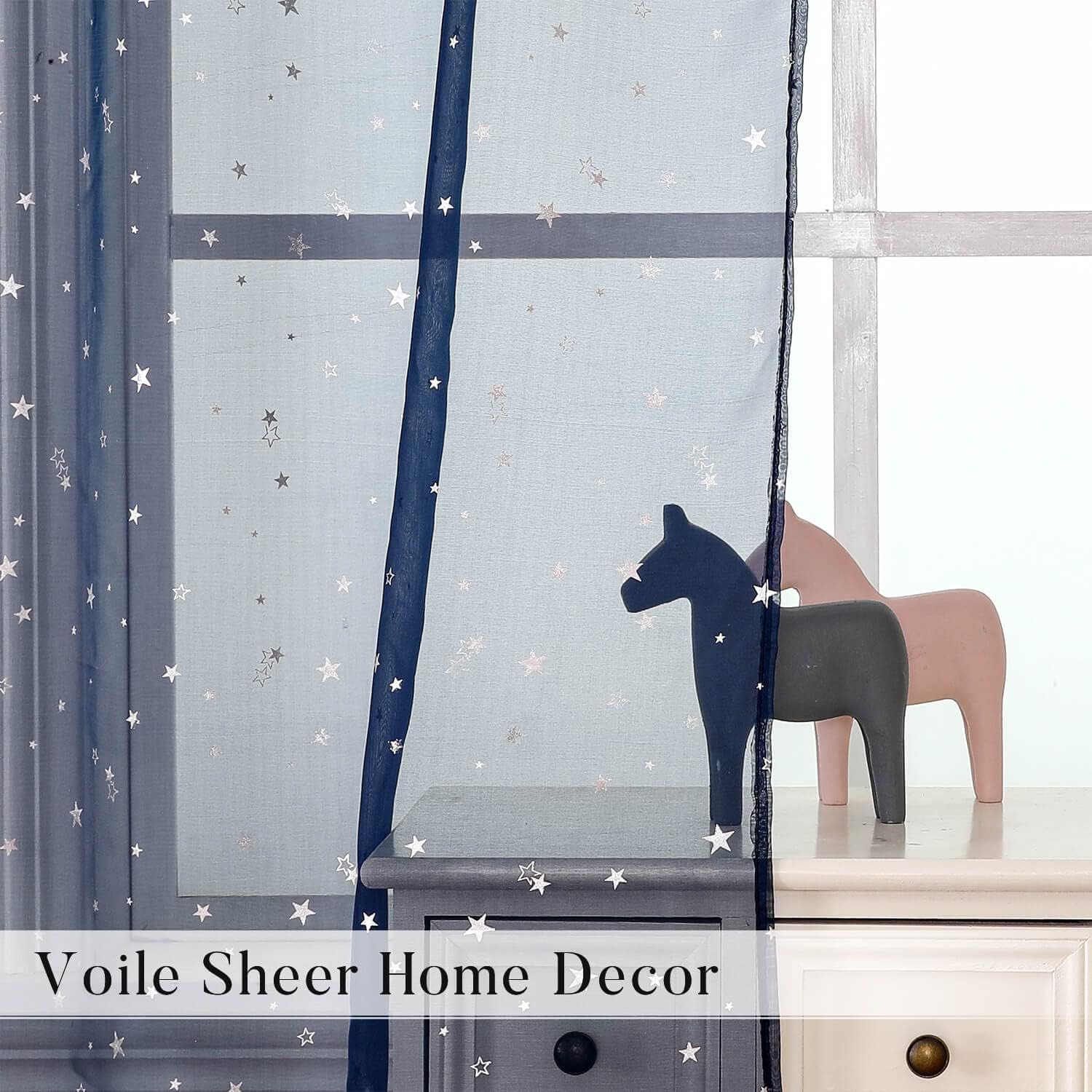 WUBODTI Navy Blue Voile Curtains 84 Inches Long 2 Panels, Rod Pocket Semi Sheer Kids Curtain for Boys Bedroom Living Room,Galaxy Starry Tulle Window Treatments Star Wars Room Decor