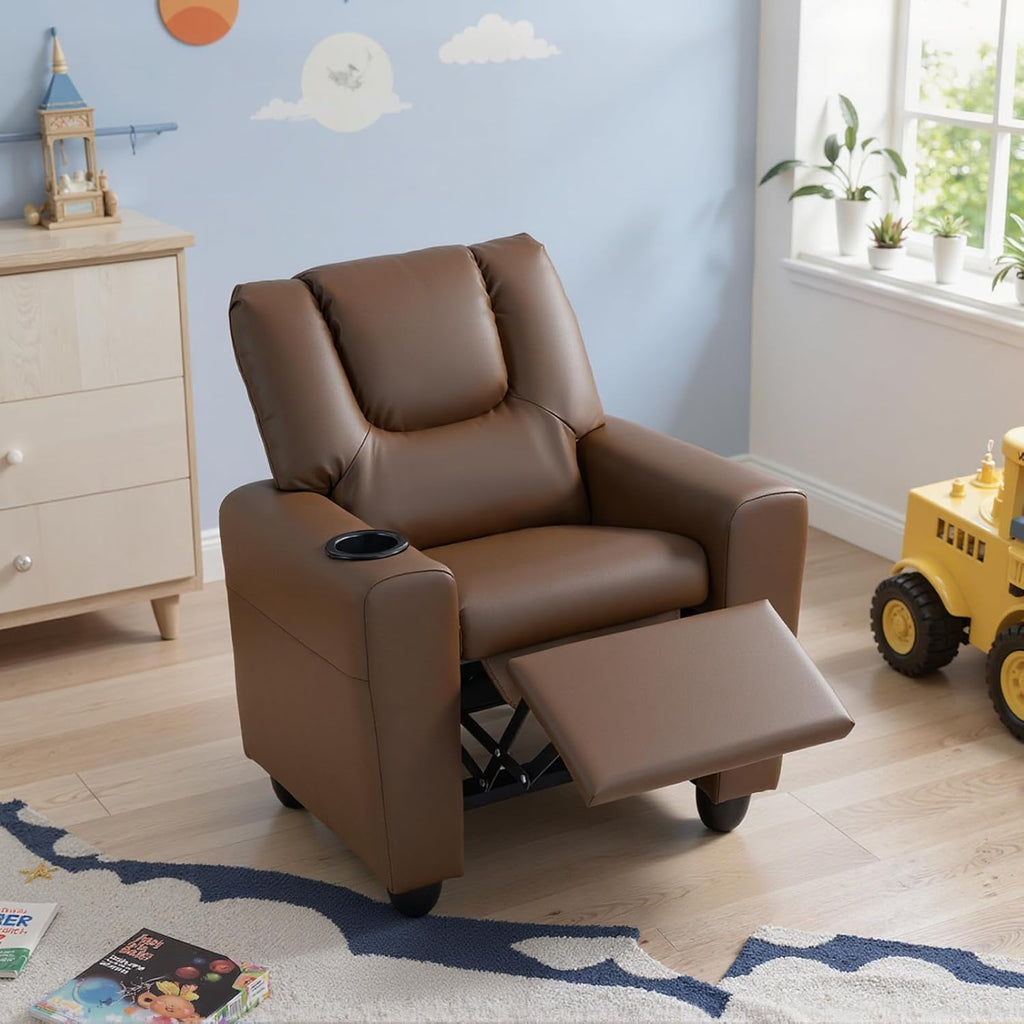 HONEY JOY Kids Recliner, 2-in-1 Toddler Armrest Sofa Couch with Cup Holders, Adjustable Footrest, PU Leather, Child-Size Recliner Chair for Boys Girls Age 3+ (Brown)