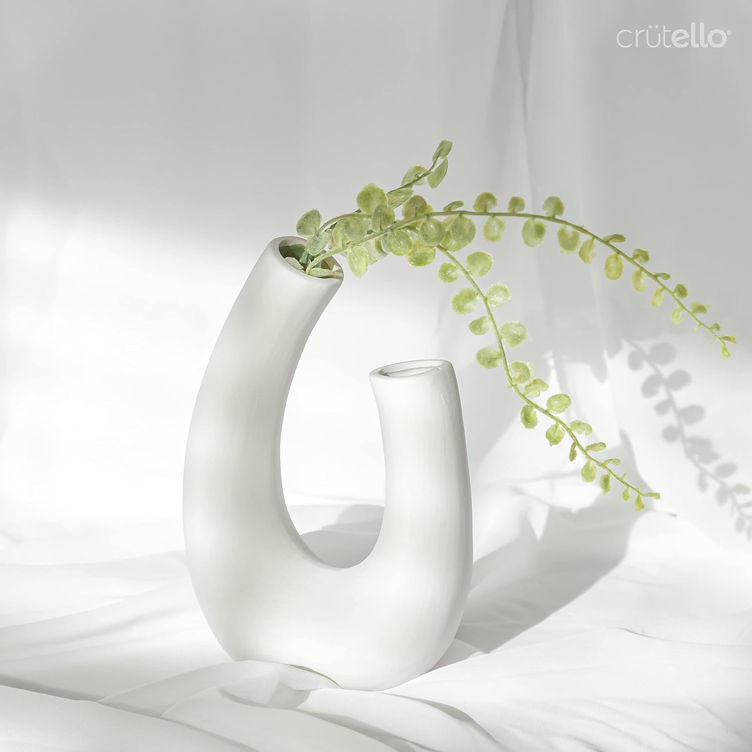 Crutello Minimalist White Ceramic U Style Vase - Set of 2 Modern Home Decor for Mantles, Bookshelves, Tables, Entryways