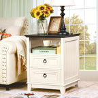 Farmhouse Nightstand, 24" Wooden Couch Side Table with 2 Drawers & Open Shelf, Rustic End Table for Bedroom & Living Room, Bedside Space-Saving Accent Storage Cabinet (White)