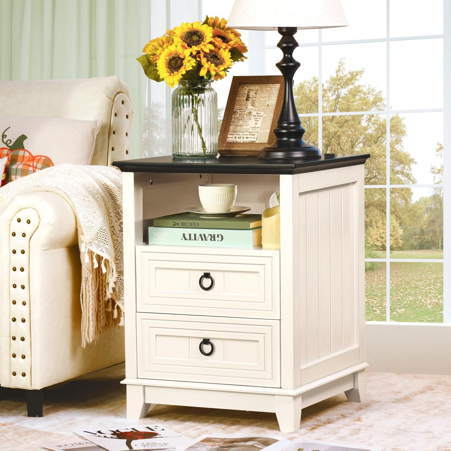 Farmhouse Nightstand, 24" Wooden Couch Side Table with 2 Drawers & Open Shelf, Rustic End Table for Bedroom & Living Room, Bedside Space-Saving Accent Storage Cabinet (White)
