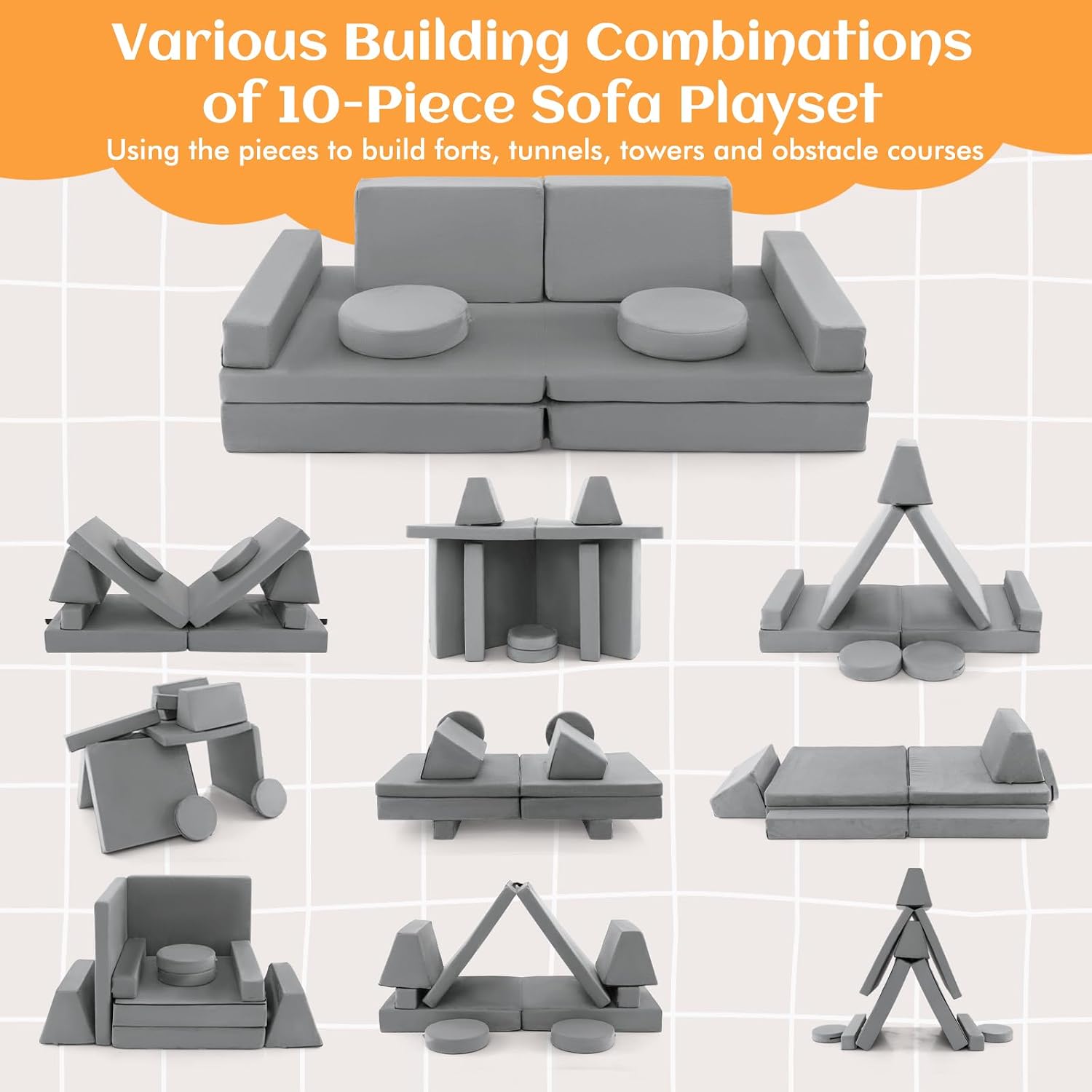 Costzon Kids Play Couch Sofa, Large Modular Folding Sofa Building Fort Playset with Handle, Machine-Washable Cover, Convertible Foam Cushion for Playroom Bedroom Boys Girls Gifts (10-Piece, Gray)