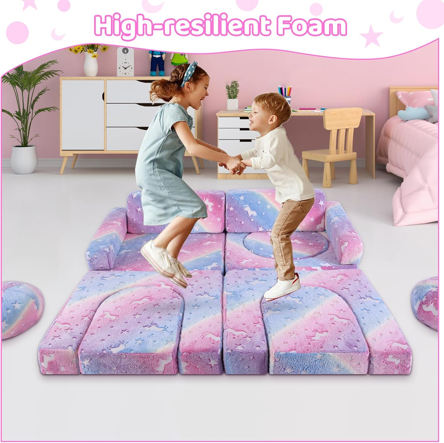 13 PCS Kids Modular Play Set, Glowing Toddler Couch, Kid Play Sofa for Playroom and Bedroom (Rainbow)