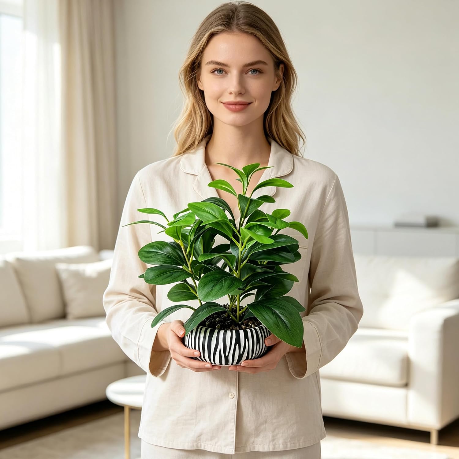Realistic Artificial Potted Plant, Faux Indoor Greenery for Home Office Living Room Bookshelf Bathroom Decor, Low-Maintenance Space-Saving Fake Plants with Modern Decorative Vase