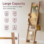 REFGY 5-Tier Blanket Ladder Shelf, 5.3FT (63'') Wall Leaning Blanket Ladders for Living Room Bedroom, Decorative Quilt Rack with 4 Metal Hooks, Rustic Farmhouse Decorative Ladder for Blankets, Brown