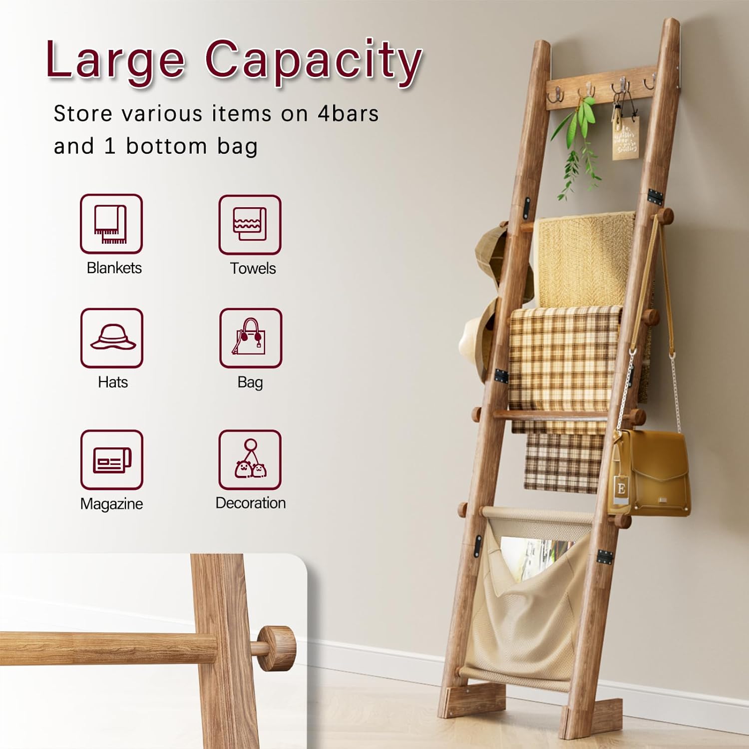 REFGY 5-Tier Blanket Ladder Shelf, 5.3FT (63'') Wall Leaning Blanket Ladders for Living Room Bedroom, Decorative Quilt Rack with 4 Metal Hooks, Rustic Farmhouse Decorative Ladder for Blankets, Brown