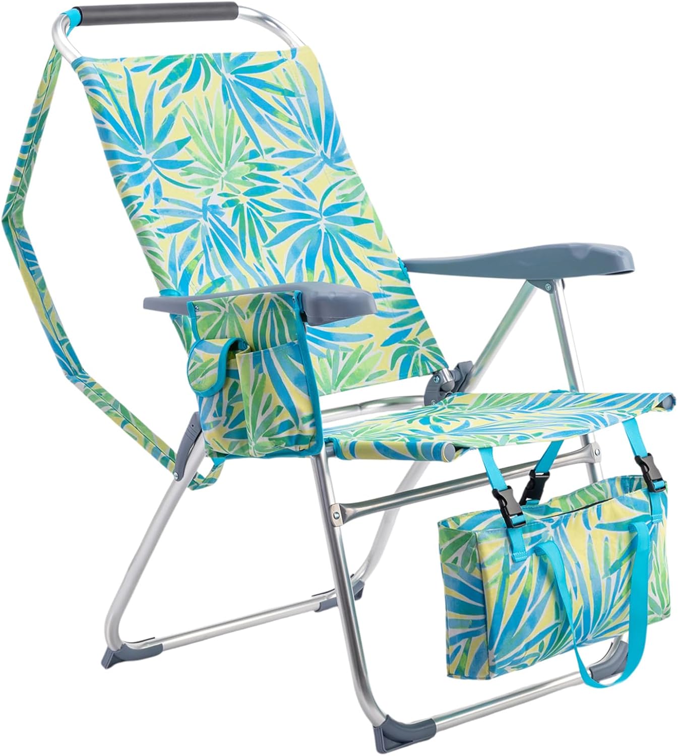 Portable Beach Chair for Adults, Lightweight Folding Lawn Chair with Cup Holder, Headrest, Side Pocket and Bottom Storage Bag, Camping Gear for Picnic Patio Sporting Events, 260 lbs, Green & Blue
