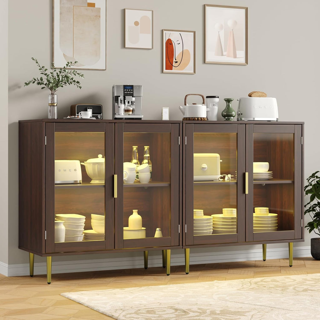 Housoul Buffet Cabinet with LED Lights, Sideboard Cabinet with 2 Doors Acrylic, 32" Modern Buffet Cabinet with Shelf, Coffee Bar Cabinet for Living Room, Kitchen, Walnut