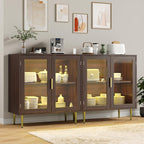 Housoul Buffet Cabinet with LED Lights, Sideboard Cabinet with 2 Doors Acrylic, 32" Modern Buffet Cabinet with Shelf, Coffee Bar Cabinet for Living Room, Kitchen, Walnut
