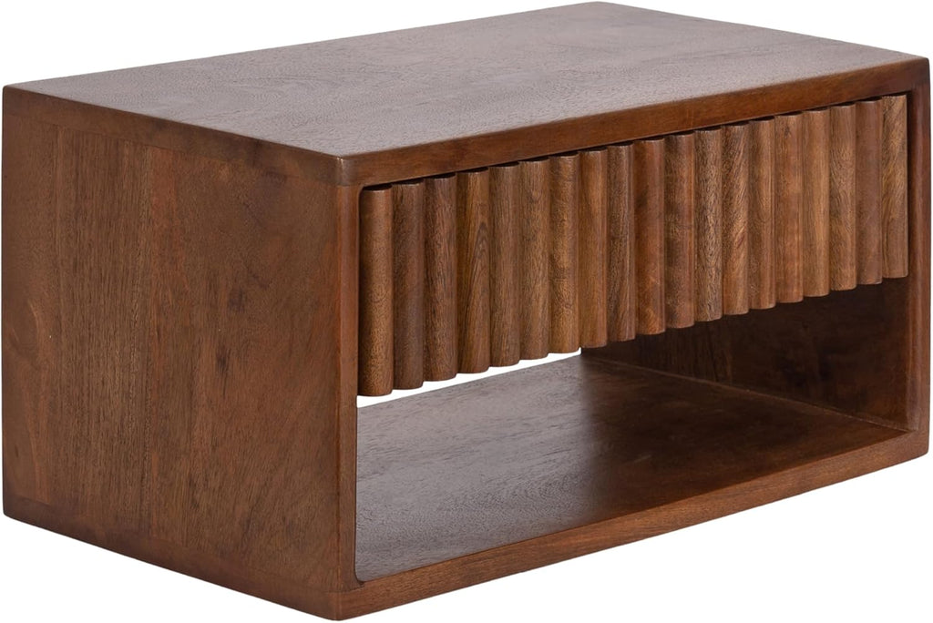 Kate and Laurel Reid Ribbed Wooden Tiered Floating Side Table, 18 x 10 x 9, Walnut Brown, Modern Rectangular Mango Wood Floating Nightstand with Drawer for Bedroom Storage or Living Room End Table