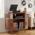 35" Record Player Stand with Storage and Shelves, Vinyl Record Cabinet with Power Outlets, Mid-Century Modern Record Table，Storage Furniture for Living Room and Bedroom,Walnut