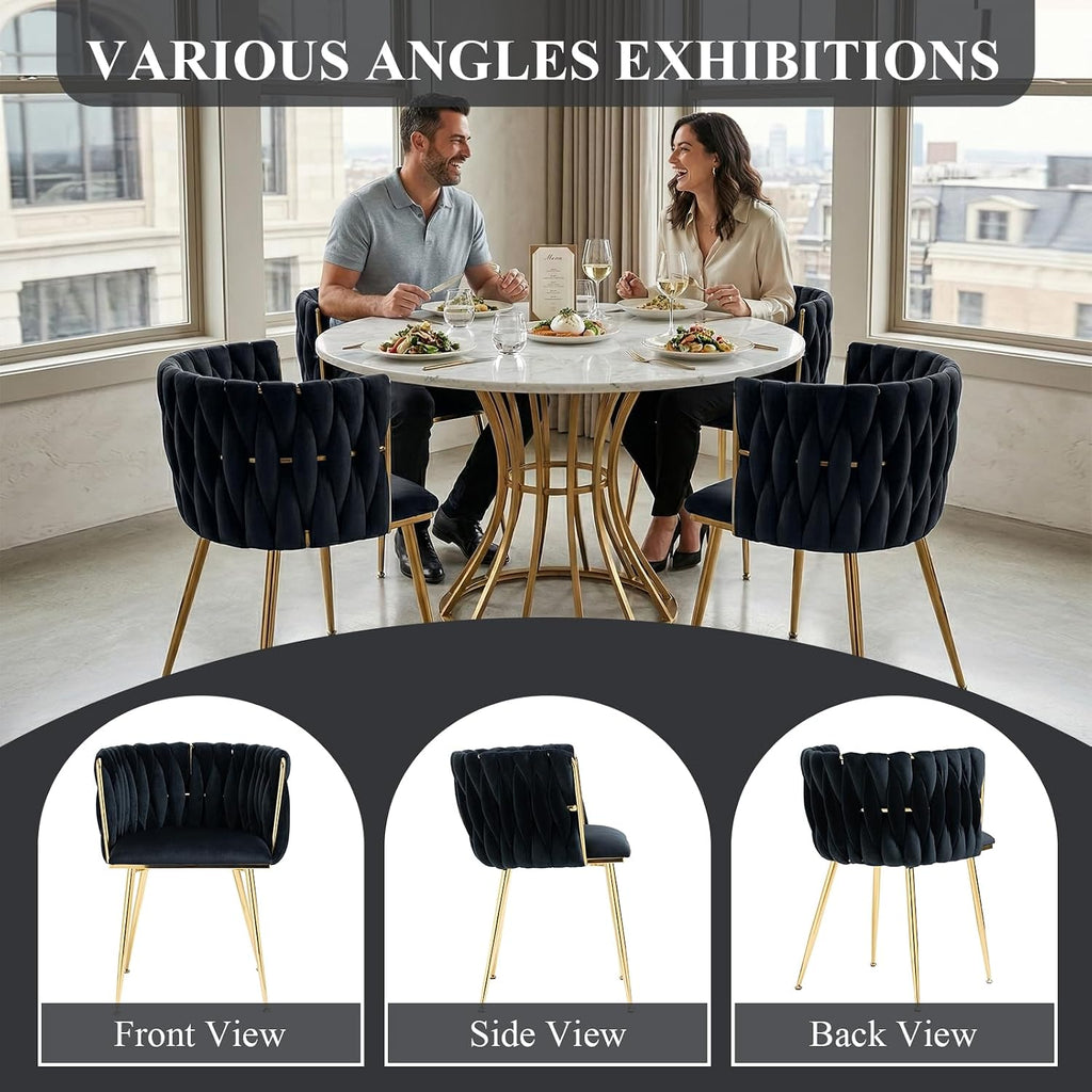 Modern Hand Weaving Dining Chairs Set of 2, Velvet Upholstered Dining Room Chairs with Gold Legs, Elegant Side Chair with Curved Backrest, Accent Chair for Dining Room, Kitchen (Black)
