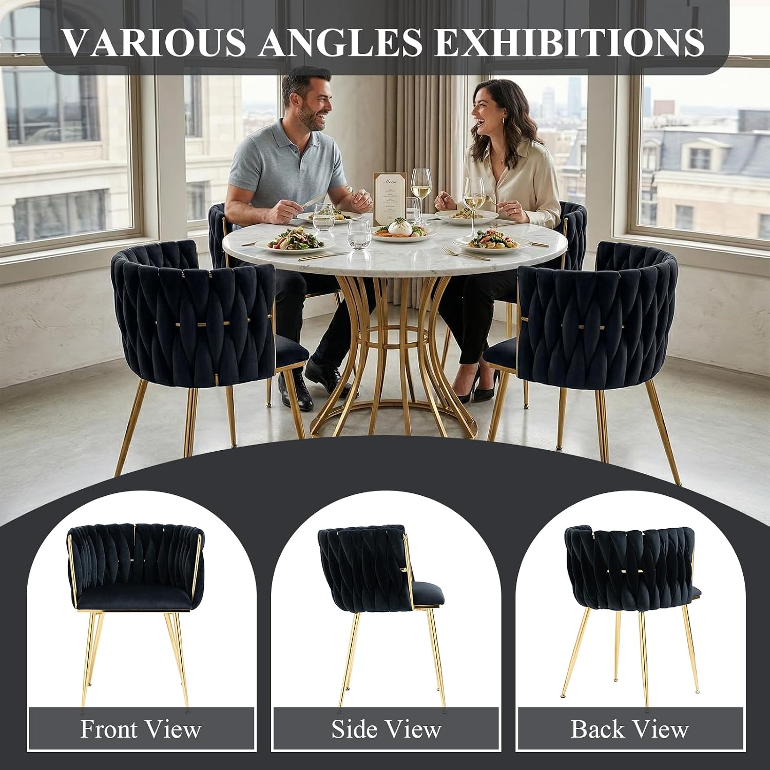 Modern Hand Weaving Dining Chairs Set of 2, Velvet Upholstered Dining Room Chairs with Gold Legs, Elegant Side Chair with Curved Backrest, Accent Chair for Dining Room, Kitchen (Black)
