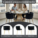 Modern Hand Weaving Dining Chairs Set of 2, Velvet Upholstered Dining Room Chairs with Gold Legs, Elegant Side Chair with Curved Backrest, Accent Chair for Dining Room, Kitchen (Black)