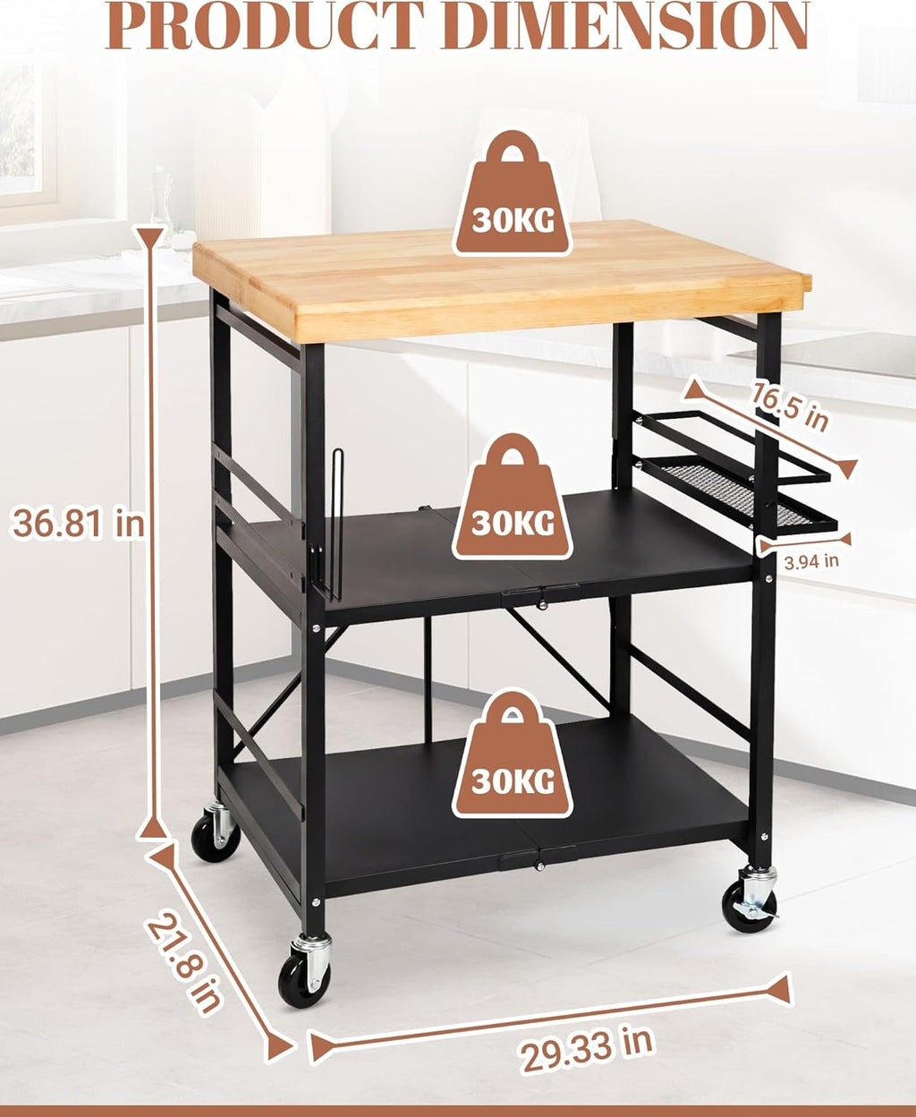 Mythinglogic Foldable Kitchen Cart with Wheels, Rolling Kitchen Island with Wood Top, 3-Tier Microwave Stand Coffee Bar Cart with Side Storage Rack, Black