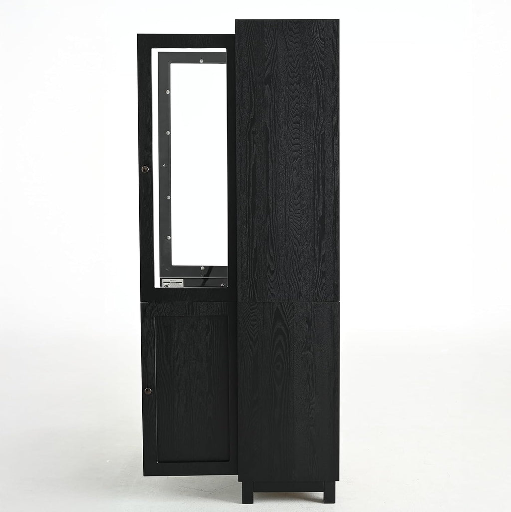 LUMISOL 74.5" Tall Kitchen Pantry Cabinet with Glass Doors & Adjustable Shelves, Ash Wood Grain Display Cabinet with Storage, Modern Bookshelf for Living Room Dining Room Office, Black