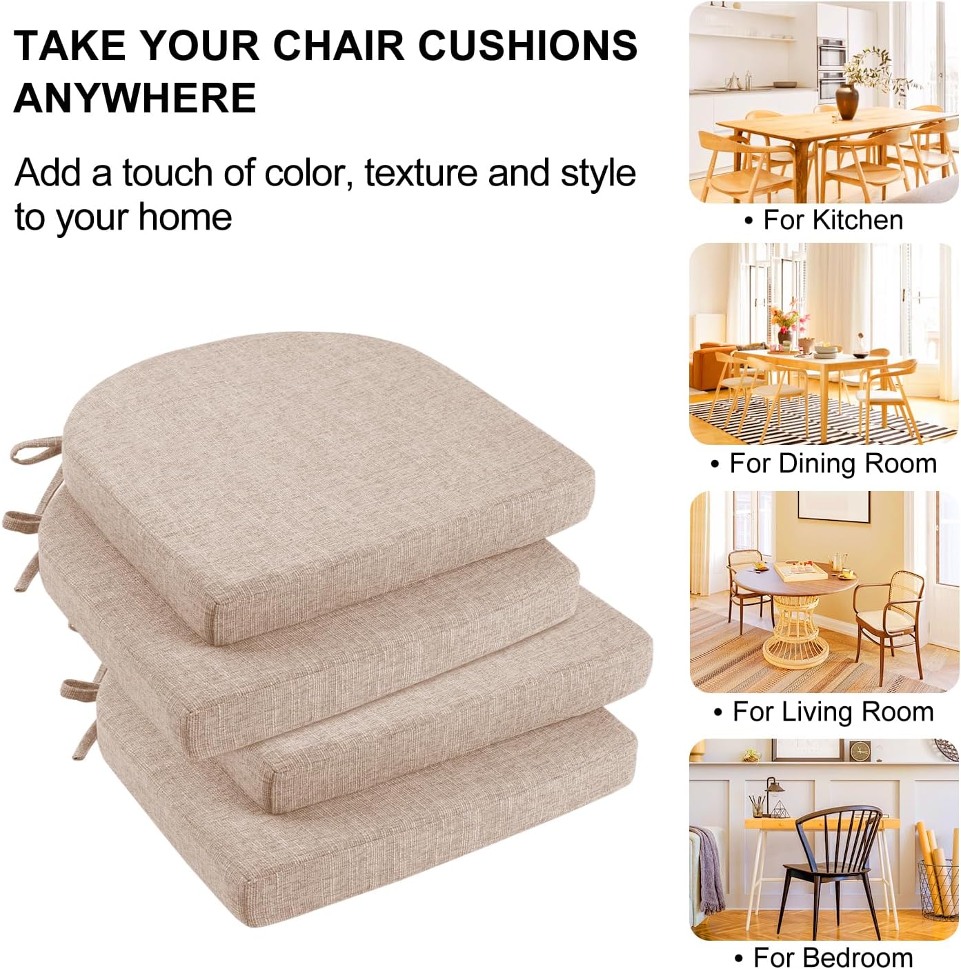 Wellsin Chair Cushions for Dining Chairs 6 Pack - Kitchen Chair Cushions with Ties and Non-Slip Backing - Dining Chair Pads 16"X16"X2", Oatmeal Beige