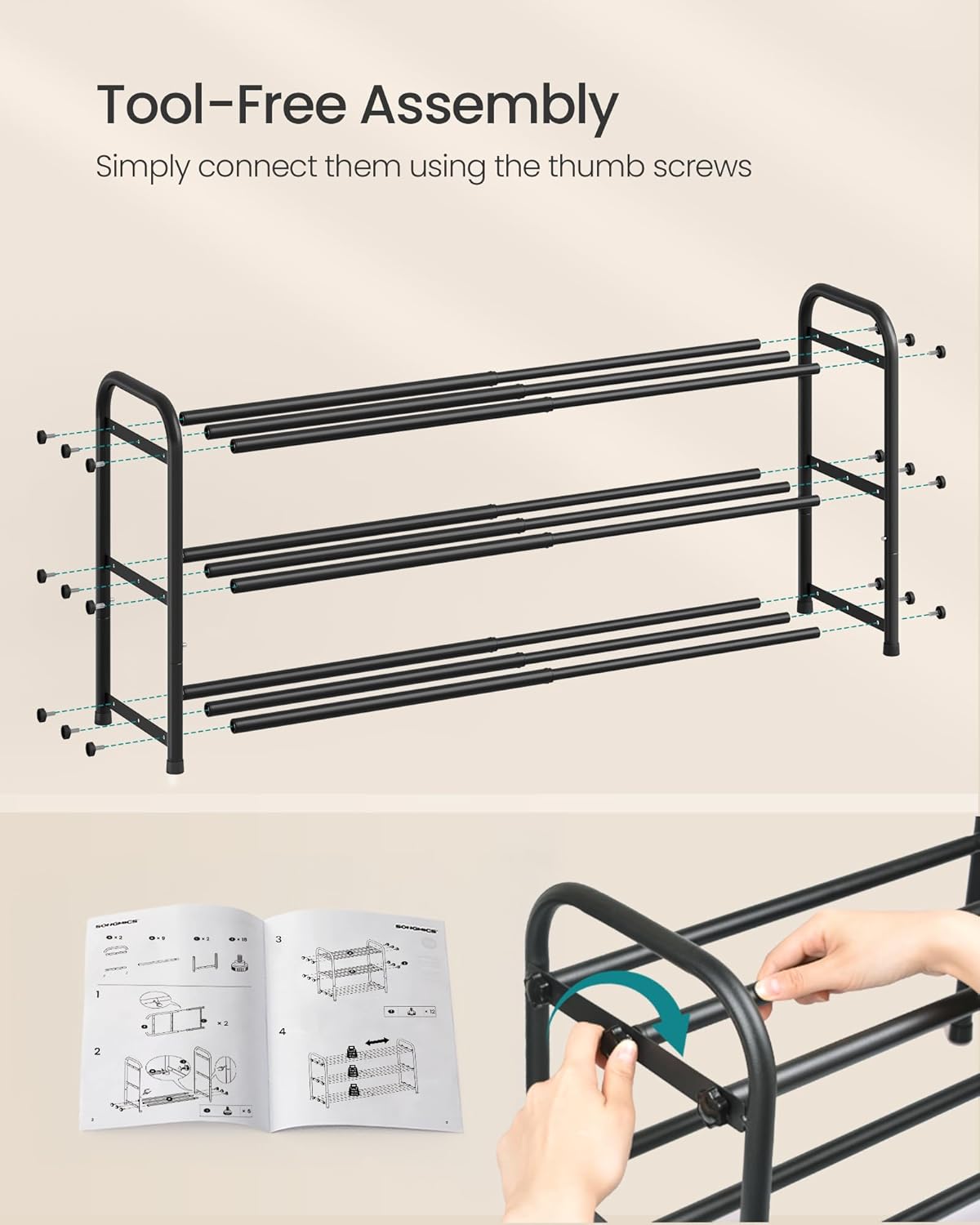 SONGMICS Expandable Shoe Rack, Adjustable Shoe Organizer Storage Shelf, Sturdy and Heavy-Duty, for Closet, Entryway, Living Room, 3-Tier, Ink Black ULMR036BD01
