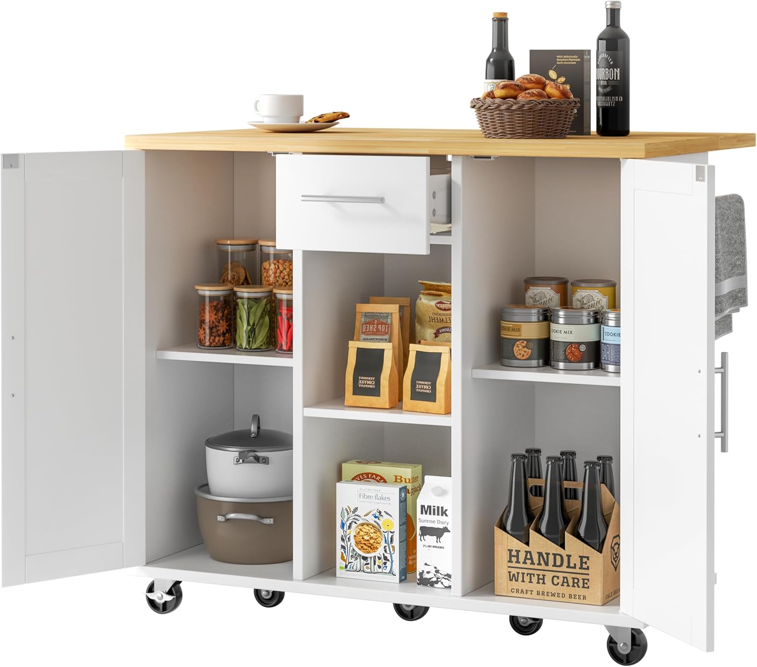 JY QAQA 42" Rolling Kitchen Island Cart with Storage, Drop Leaf Countertop, Drawers & Towel Rack, Mobile Kitchen Table on Wheels for Kitchen Dining Room, White
